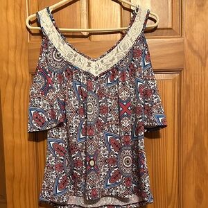 AUW Paisley Off-Shoulder Blouse - blue and burnt orange excellent condition